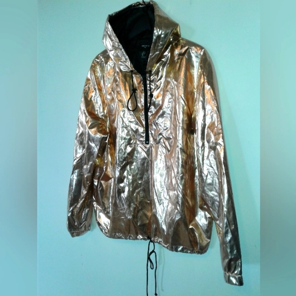 Forever 21 Men sz L metallic gold Pullover Hooded Windbreaker Jacket Pullover - Picture 2 of 4